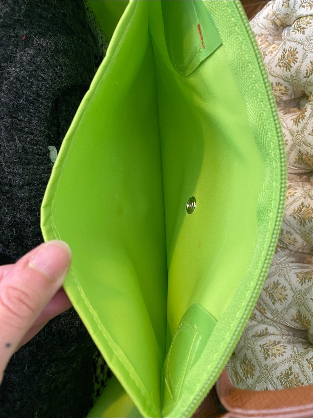 Bright Lime Green Nylon Tote with Brown Faux Leather Trim - Picture 5 of 7